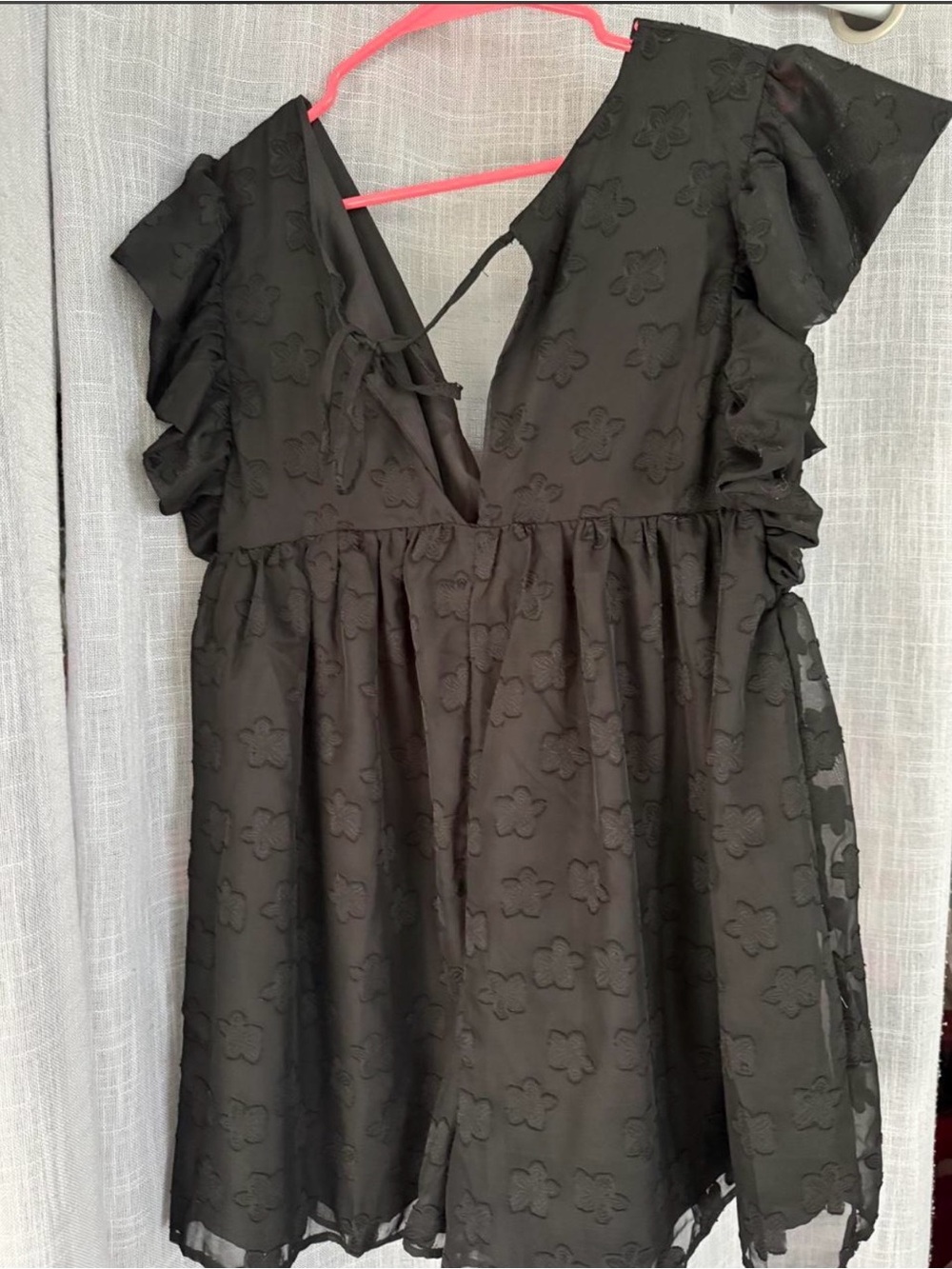 Women's Black Floral Textured Romper with Ruffle Sleeves